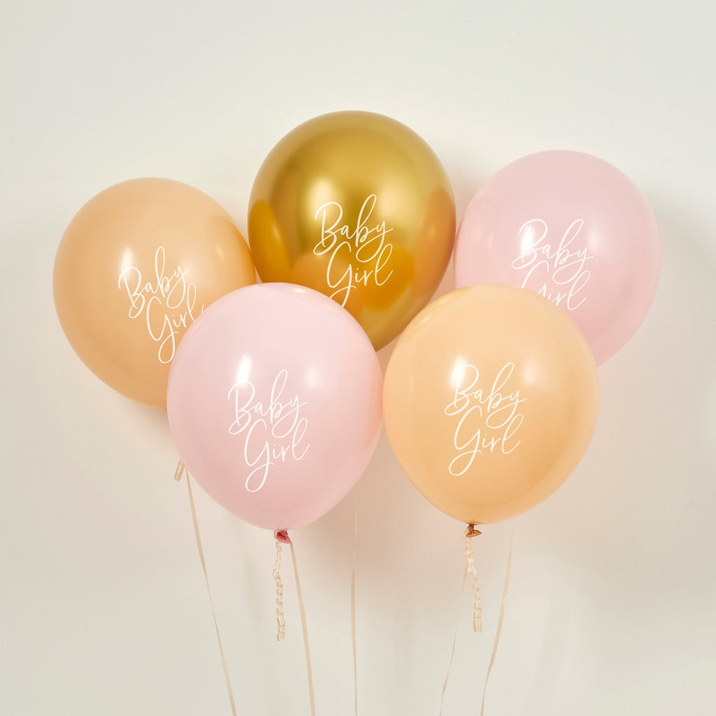 Pink, Nude & Gold 'Baby Girl' Latex 12" Balloons 5/Pack