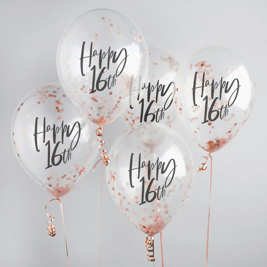 Rose Gold 'Happy 16th' Confetti Filled 12" Latex Balloons 5Ct