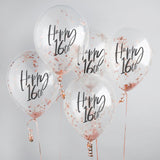 Rose Gold 'Happy 16th' Confetti Filled 12" Latex Balloons 5Ct