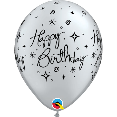  Birthday Elegant Sparkles & Swirls 11in Silver Latex Balloons 6 pieces