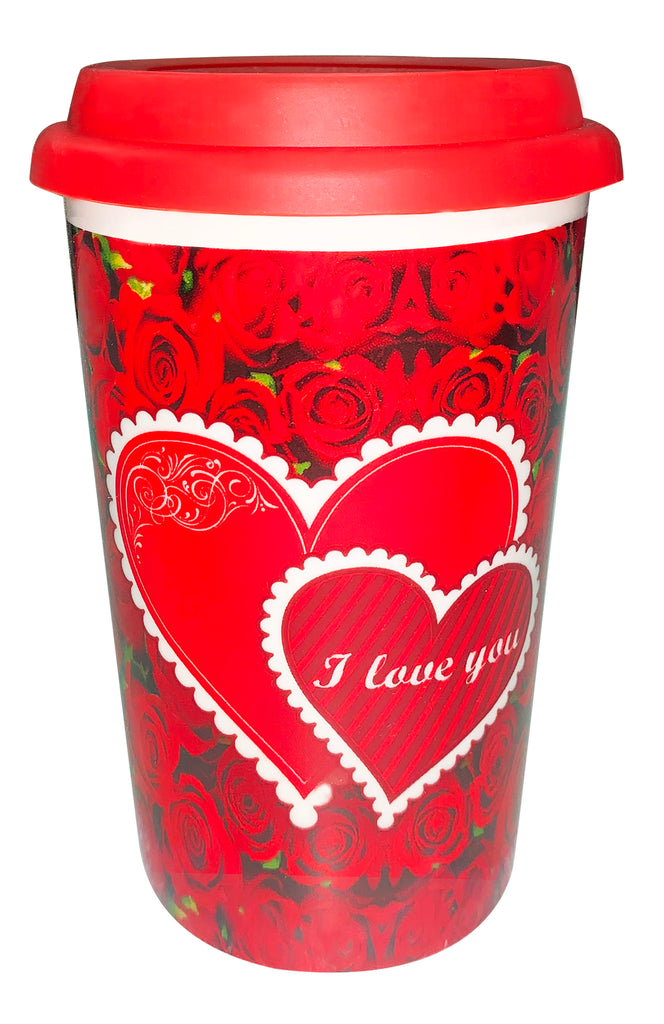 Valentine Mug with Lid 12.5cm – Romantic Heart-Themed Travel Tumbler for Hot & Cold Drinks