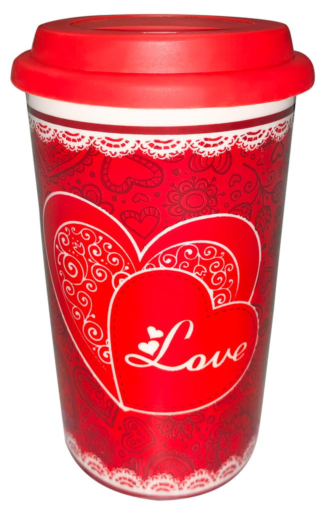 Valentine Mug with Lid 12.5cm – Romantic Heart-Themed Travel Tumbler for Hot & Cold Drinks