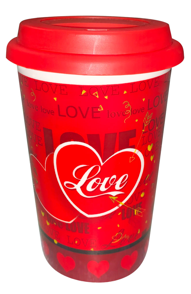 Valentine Mug with Lid 12.5cm – Romantic Heart-Themed Travel Tumbler for Hot & Cold Drinks
