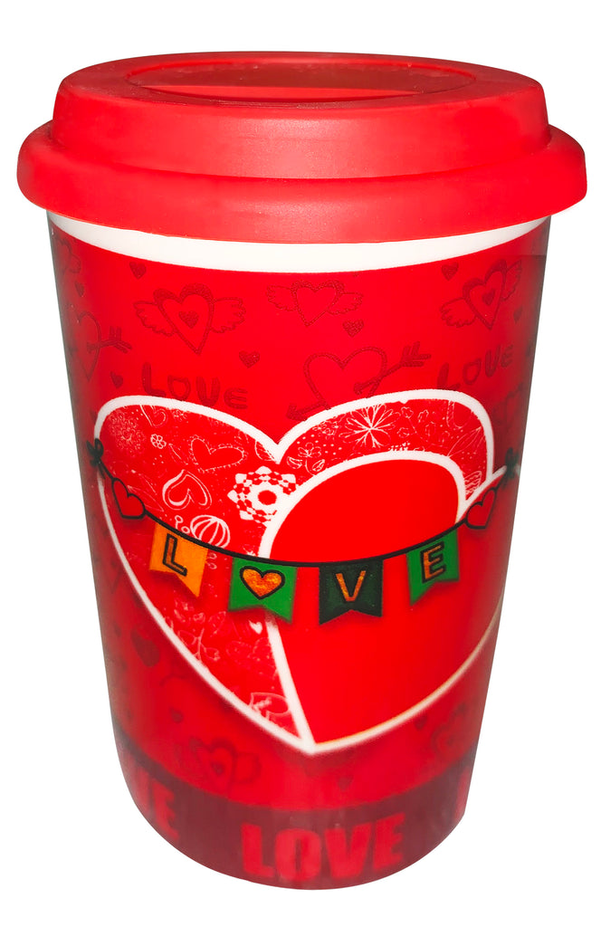 Valentine Mug with Lid 12.5cm – Romantic Heart-Themed Travel Tumbler for Hot & Cold Drinks
