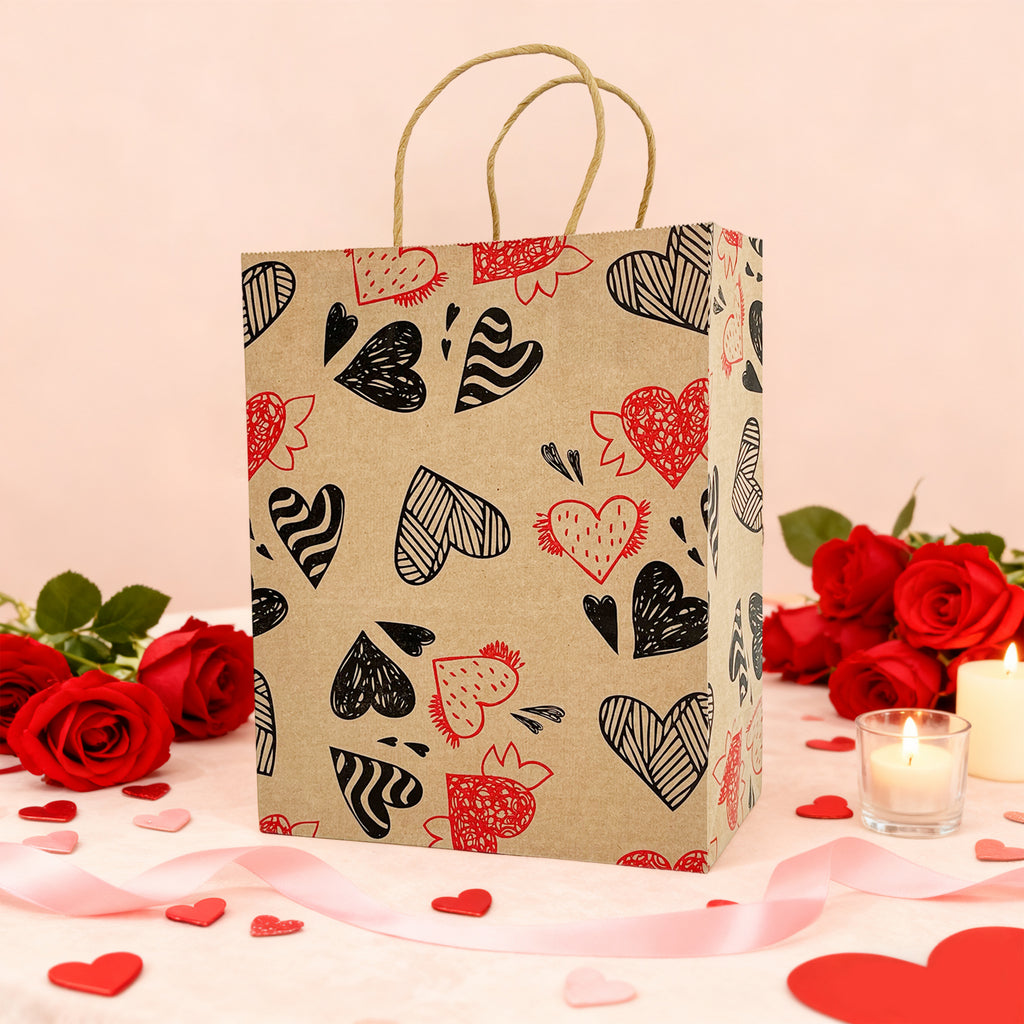 6-Pack Medium Valentine Kraft Gift Bags – 21x11x27cm Assorted Romantic Paper Bags for Gifts & Treats