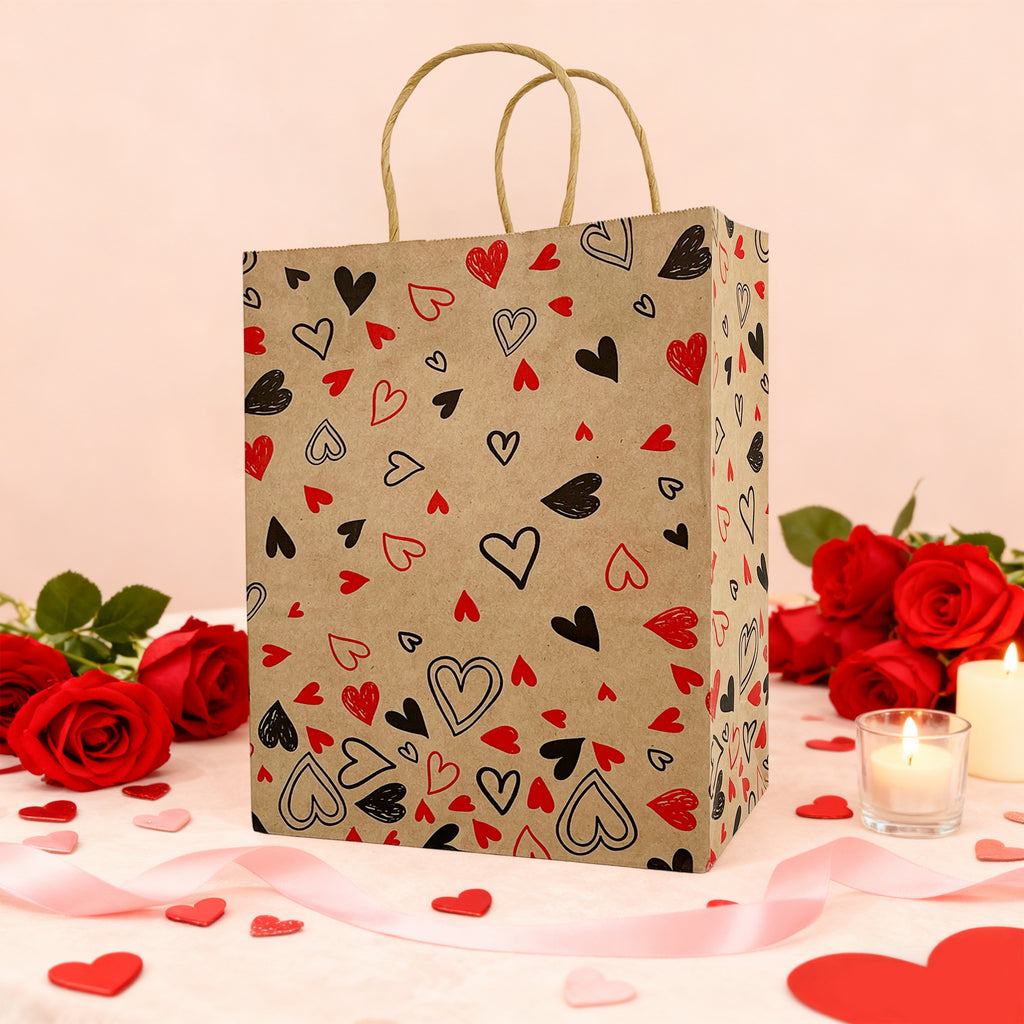 6-Pack Medium Valentine Kraft Gift Bags – 21x11x27cm Assorted Romantic Paper Bags for Gifts & Treats