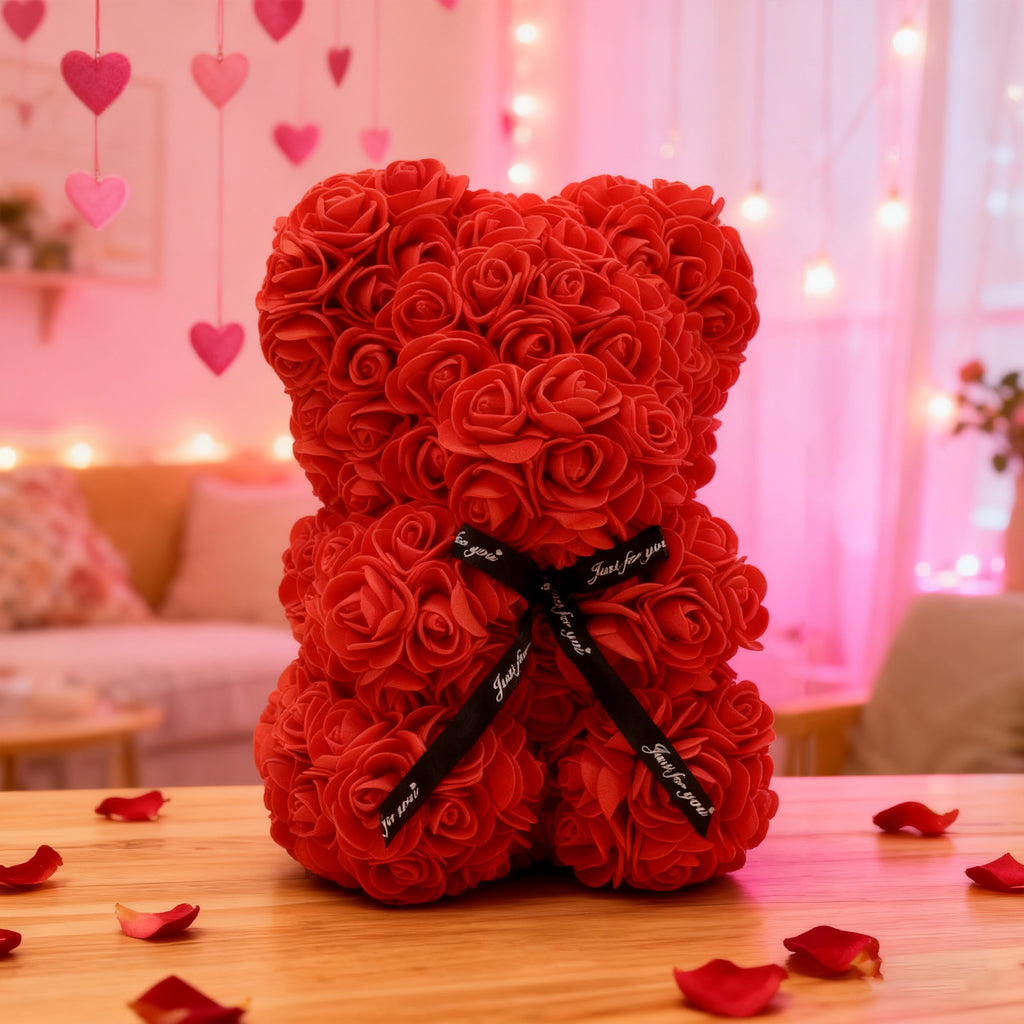 25cm Valentine Bear with Red Rose – Romantic Teddy Holding Realistic Fabric Rose for Special Occasions