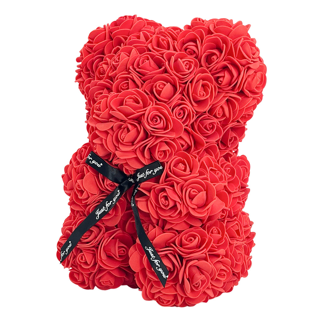 25cm Valentine Bear with Red Rose – Romantic Teddy Holding Realistic Fabric Rose for Special Occasions