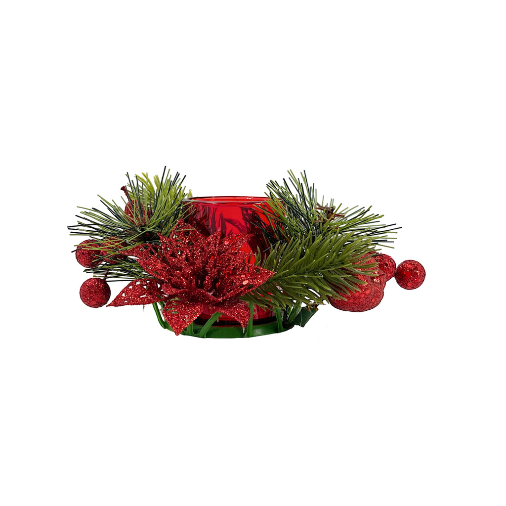 Elegant Red Glass Candle Holder - 15cm Decorated Centerpiece