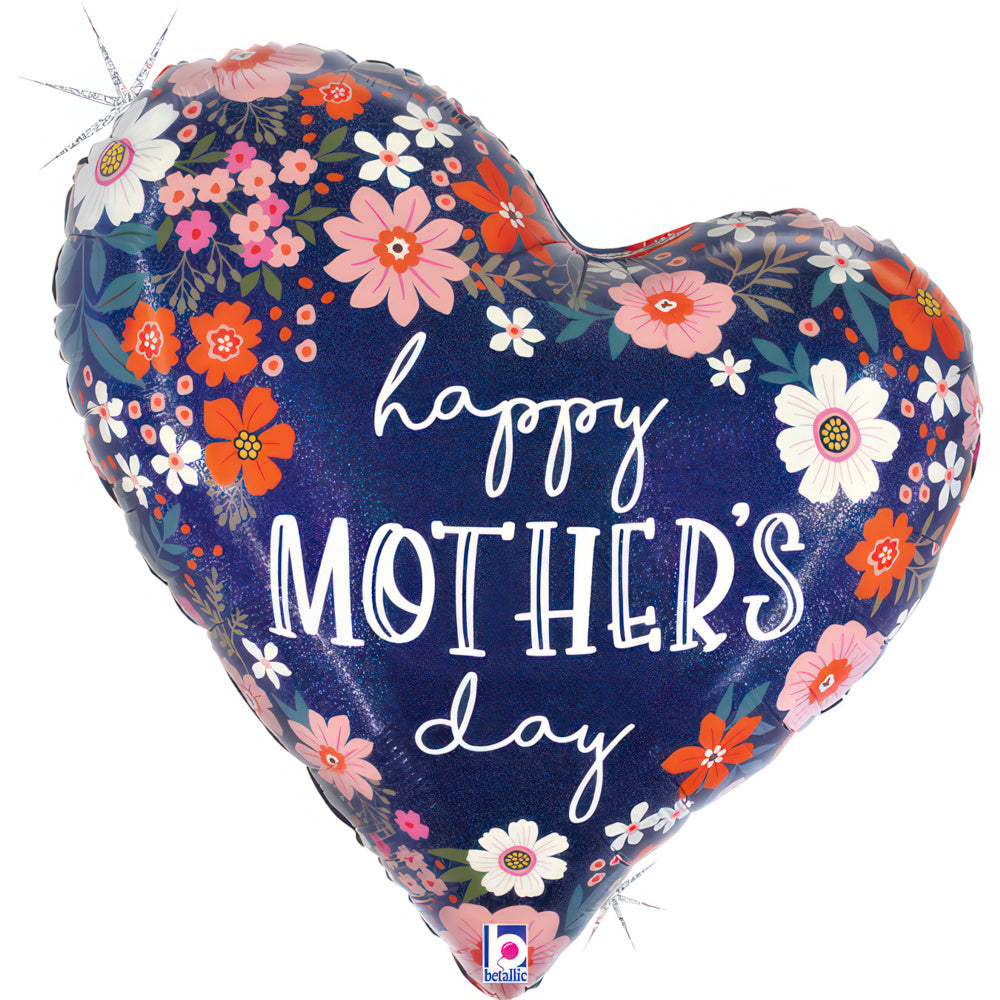 28" Mother’s Day Floral Heart Foil Balloon – Elegant Botanical Heart for Brunch & Gifting