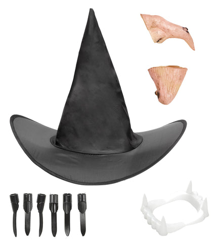 WIDMANN Witch Dress-Up Set (Hat, Nose, Chin, Denture, Nails) - Women 16y+ Black / Brown / White