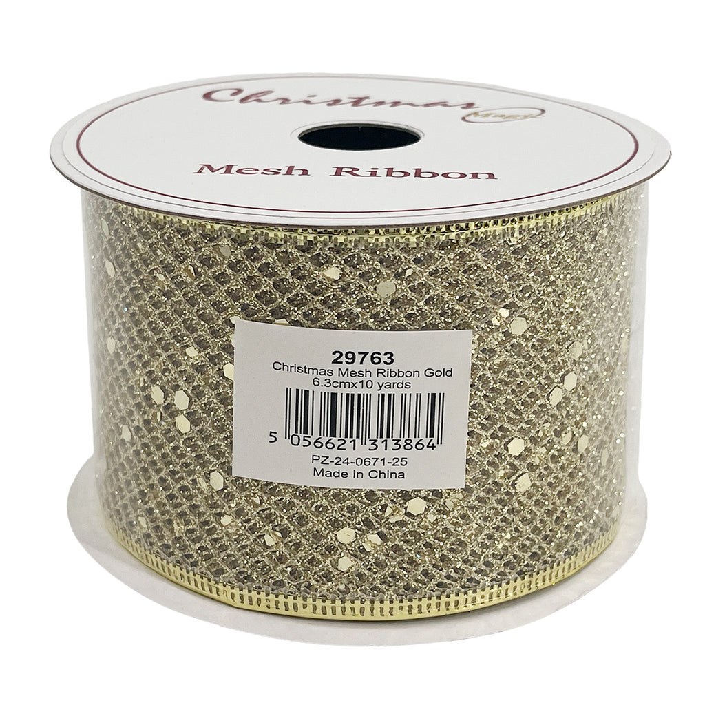 Christmas Mesh Ribbon Gold 6.3cmx10 yards