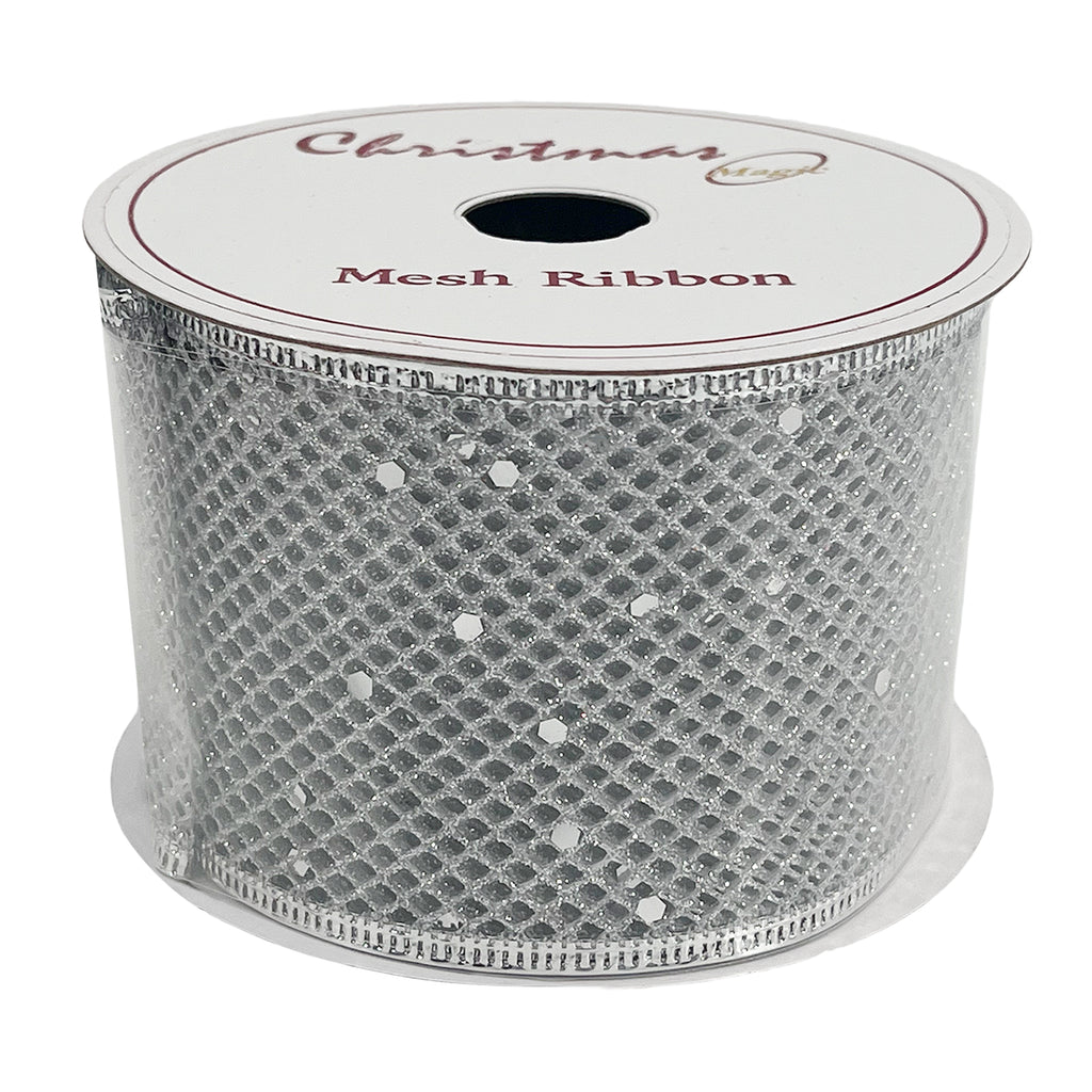 Christmas Mesh Ribbon Silver 6.3cmx10 yards
