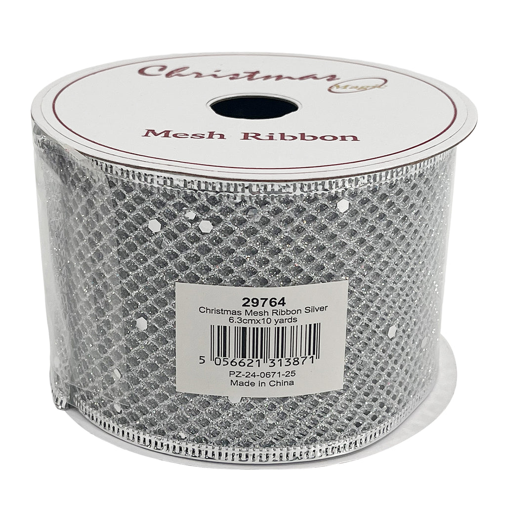 Christmas Mesh Ribbon Silver 6.3cmx10 yards