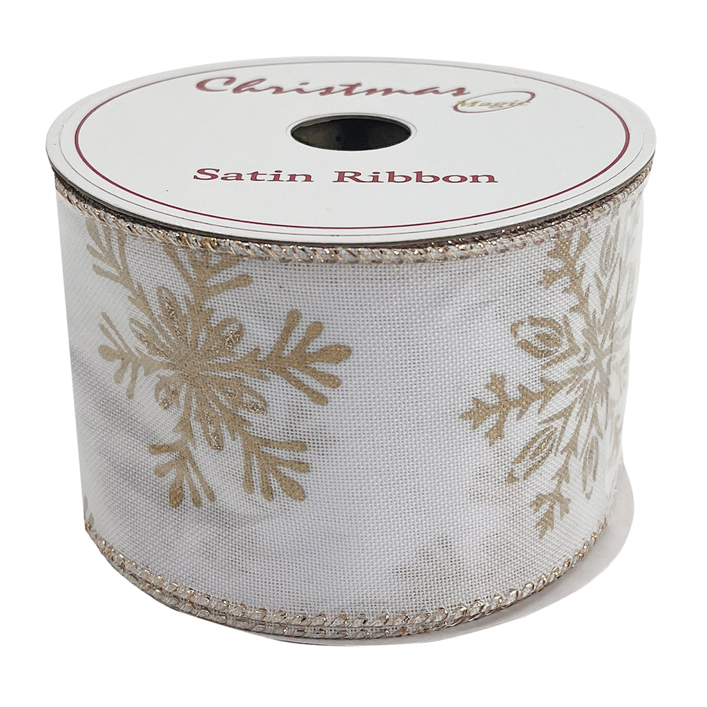 Christmas Satin Ribbon White/Gold 6.3cmx10 yards