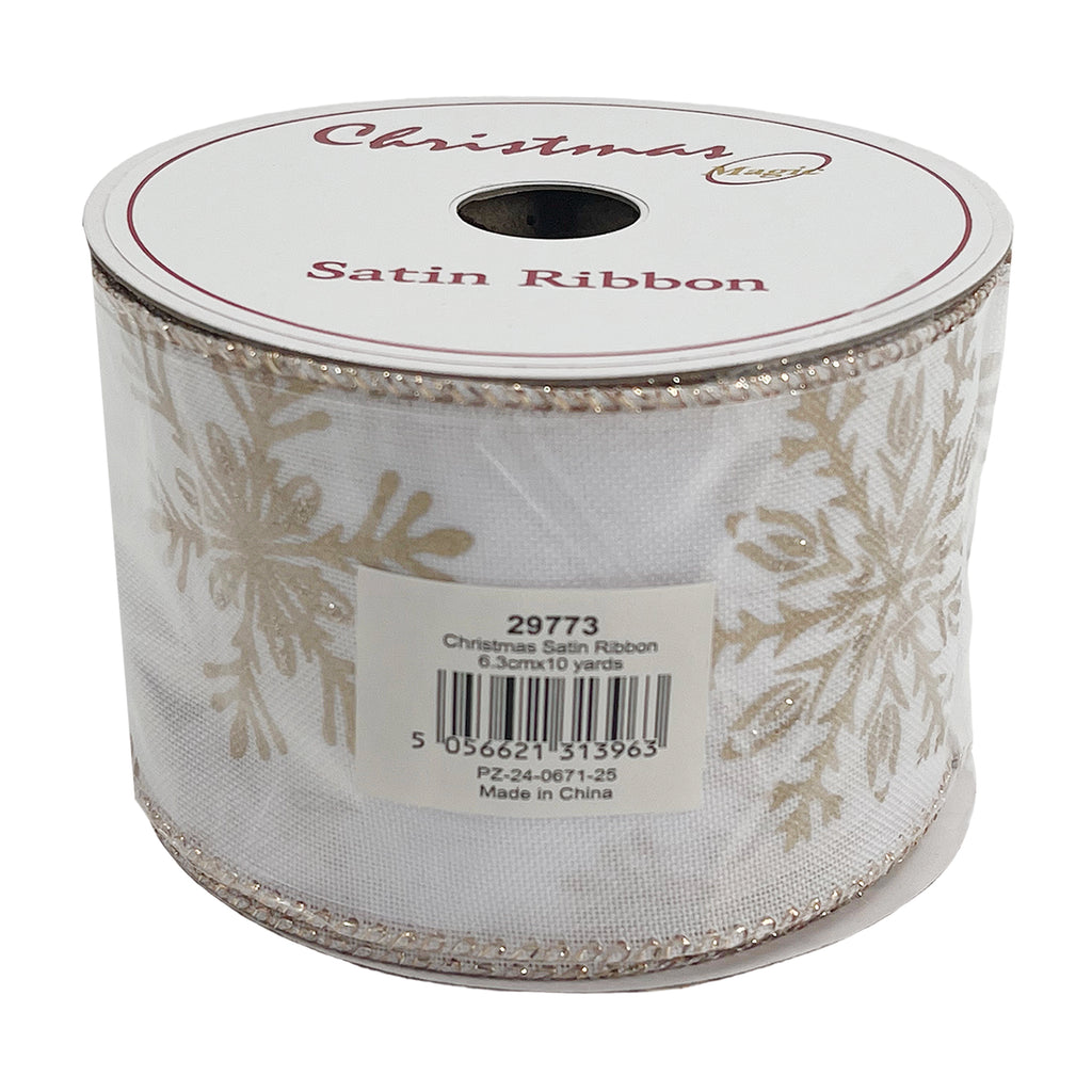 Christmas Satin Ribbon White/Gold 6.3cmx10 yards