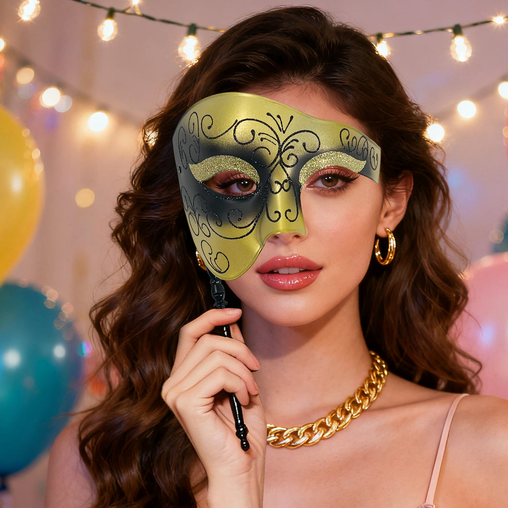 Plastic Eye Mask with Stick Gold