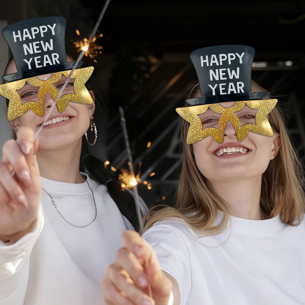 Happy New Year Glasses Gold | With black stars