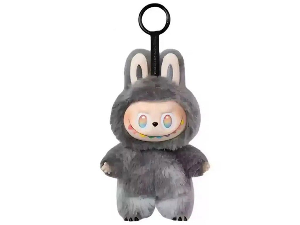 Monsters Labubu with a character in a gray costume on a white background