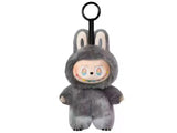 Monsters Labubu with a character in a gray costume on a white background