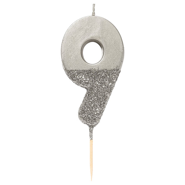 Talking Tables We Heart Birthdays Glitter Number Candle 9 Silver - Talking Tables