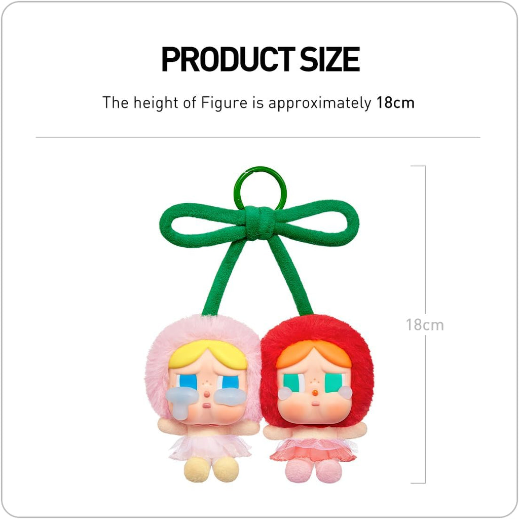 Two Pop Mart Labubu with a green ribbon, height approximately 18cm, on a white background.