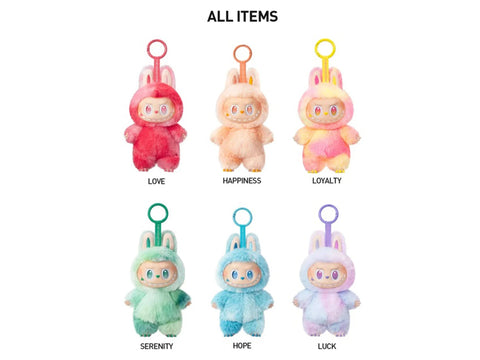 Five colorful Monsters Labubu keychains with tags labeled 'Love', 'Happiness', 'Loyalty', 'Serenity', and 'Hope' on a white background.