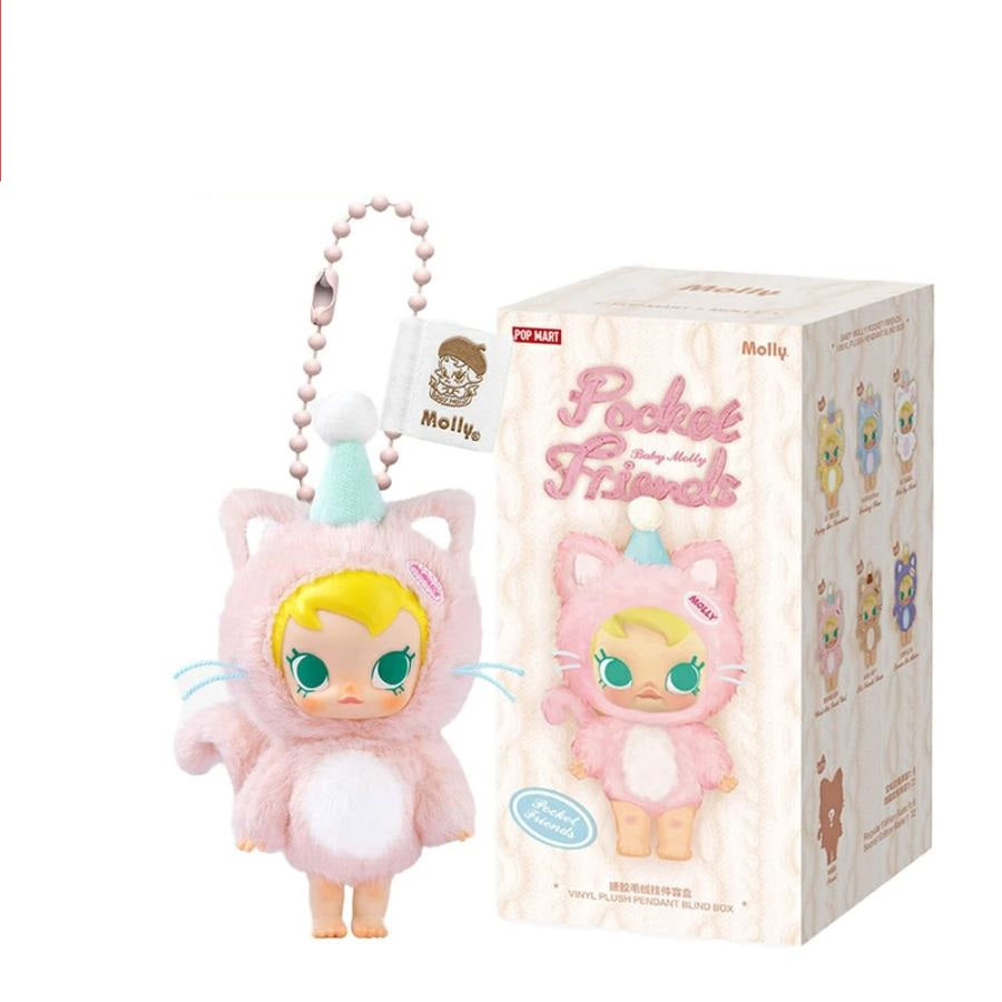 POP MART Baby Molly Pocket Friends Series with a character design next to its packaging on a white background