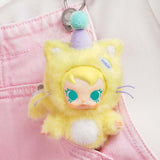 Yellow POP MART Baby Molly Pocket Friends Series keychain with cat design on a pink background