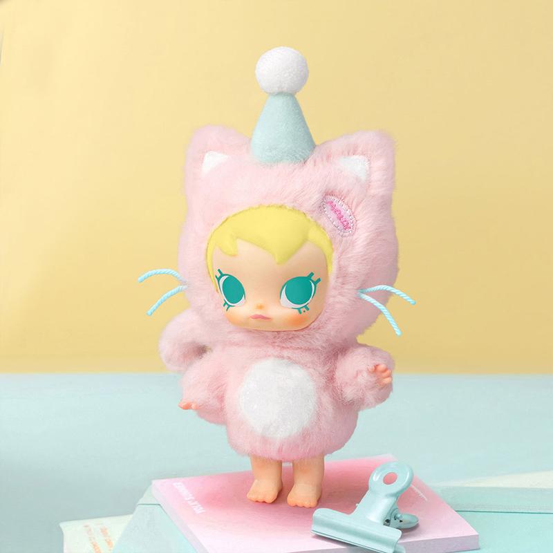 POP MART Baby Molly Pocket Friends Series in a pink outfit with cat ears on a light blue surface and yellow background