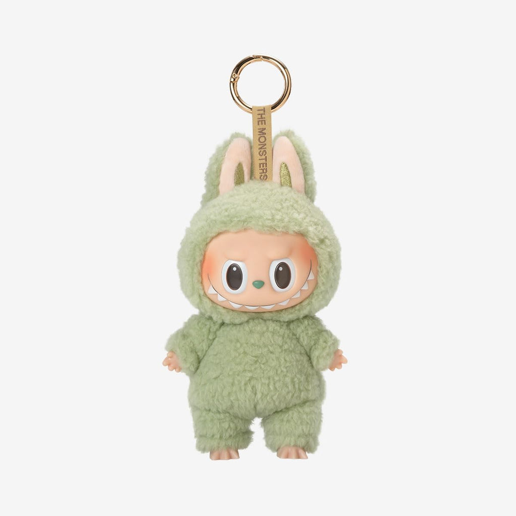 POP MART Labubu The Monsters keychain in green bunny costume on a white background
