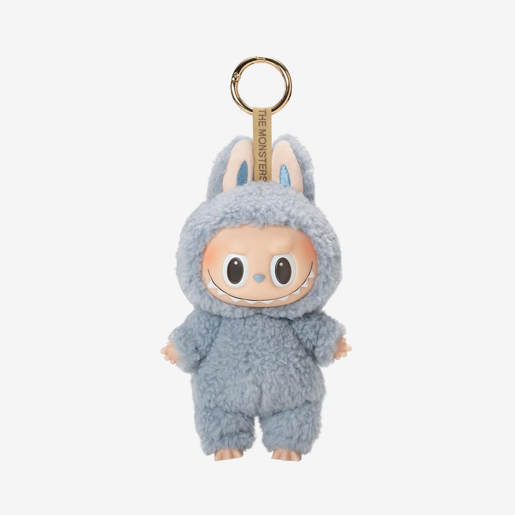 POP MART Labubu The Monsters keychain in a blue bunny costume on a white background