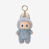 POP MART Labubu The Monsters keychain in a blue bunny costume on a white background