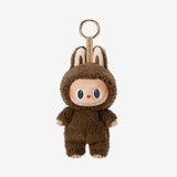 POP MART Labubu The Monsters keychain in brown bunny costume on a beige background