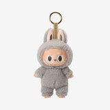 POP MART Labubu The Monsters keychain in a gray bunny costume on a white background