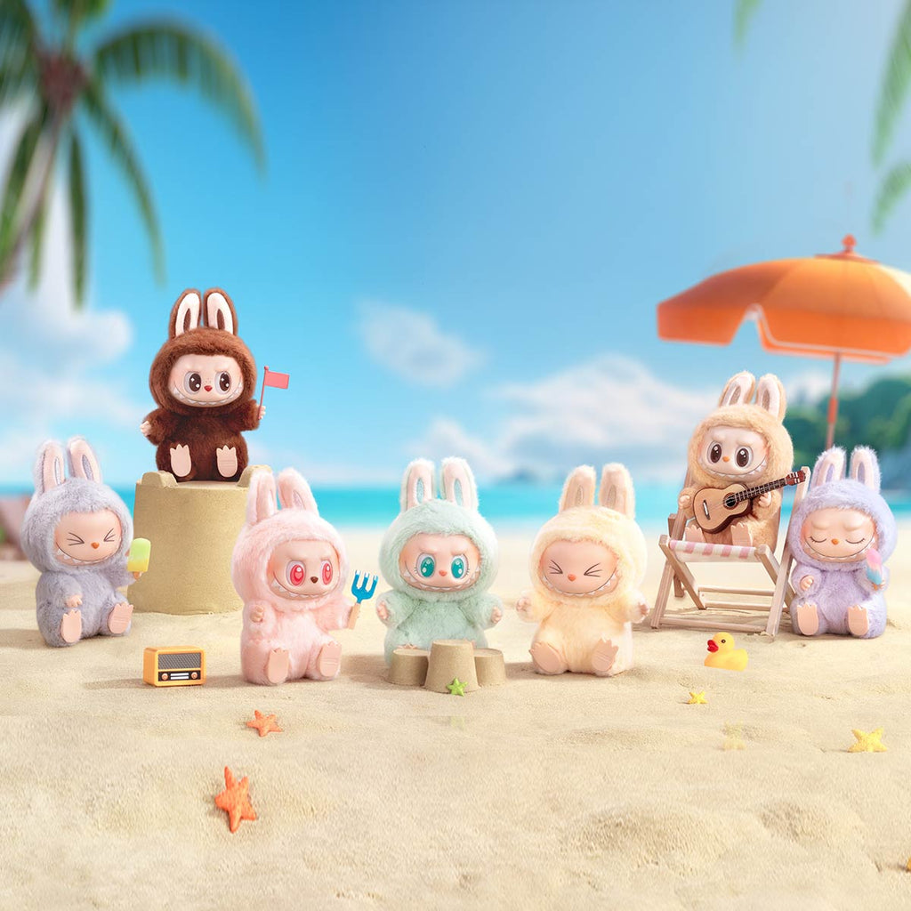 Pop Mart Labubu in various outfits on a beach with palm trees and an umbrella.