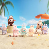 Pop Mart Labubu in various outfits on a beach with palm trees and an umbrella.