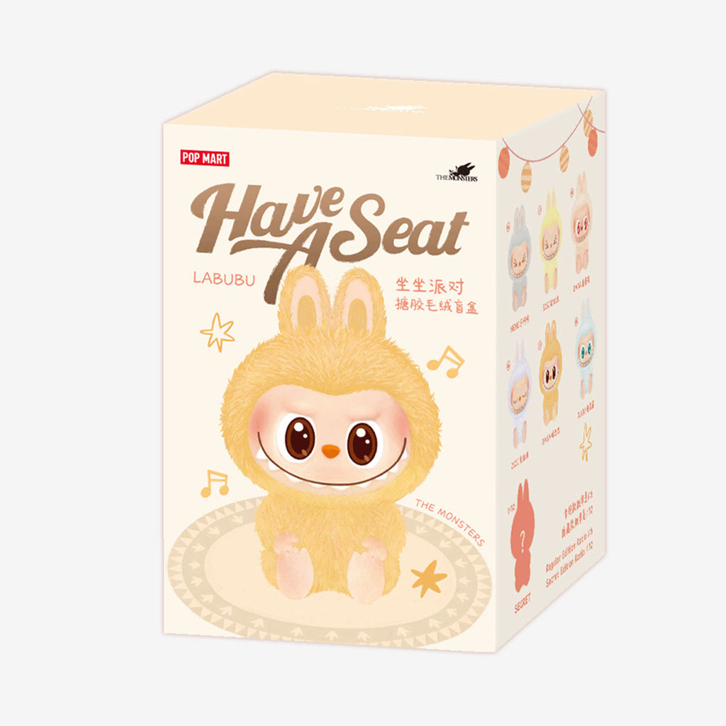 Packaging with a Pop Mart Labubu character and text 'Have A Seat' on a white background