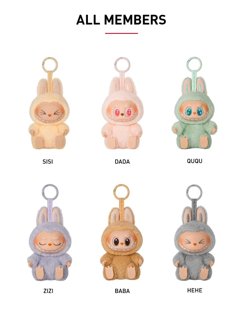 Set of Pop Mart Labubu keychains labeled SISI, DADA, QUQU, ZIZI, BABA, and HEHE on a white background.