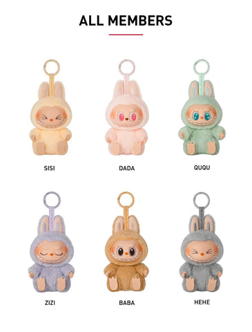 Set of Pop Mart Labubu keychains labeled SISI, DADA, QUQU, ZIZI, BABA, and HEHE on a white background.
