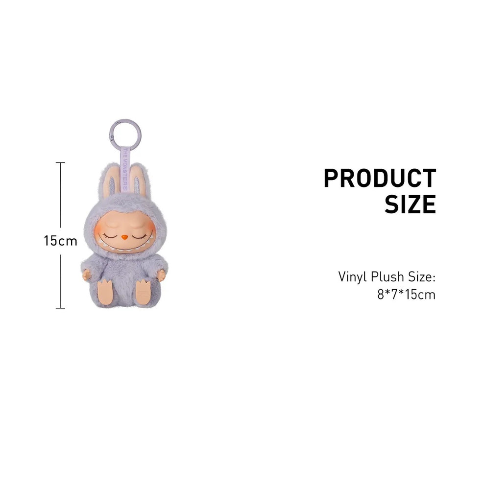 Pop Mart Labubu with dimensions on a white background
