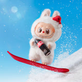 Animated Pop Mart Labubu skiing with a Coca-Cola bottle against a blue sky