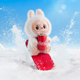 Pop Mart Labubu  in a winter outfit holding a Coca-Cola can with a snowy background