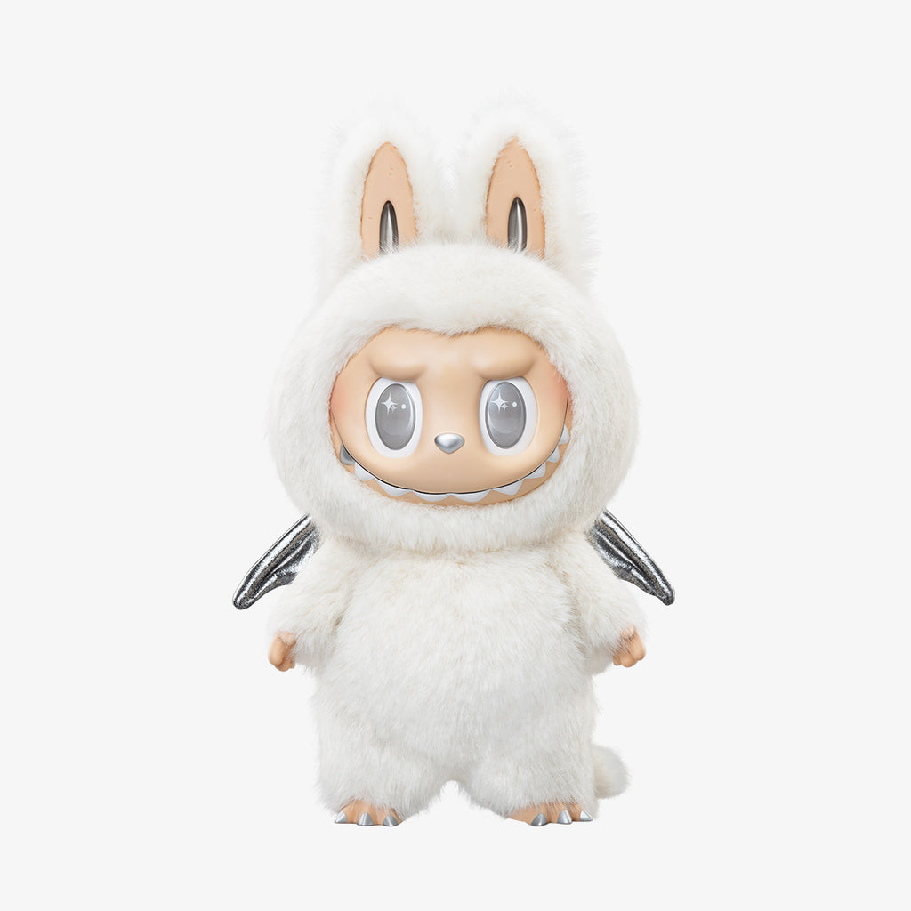 Pop Mart Labubu with a white fur-like texture on a light gray background