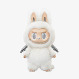 Pop Mart Labubu with a white fur-like texture on a light gray background