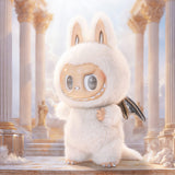 White Pop Mart Labubu with bunny ears and large eyes in a classical architecture setting