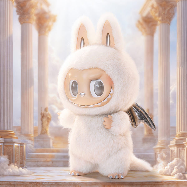 White Pop Mart Labubu with bunny ears and large eyes in a classical architecture setting