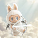 Pop Mart Labubu with rabbit-like features holding a bow and arrow in a snowy landscape