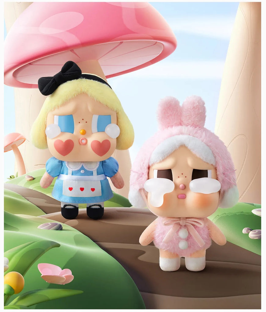 Two Pop Mart Labubu on a whimsical background with a pink mushroom and green landscape.