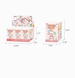Crying Again Pop Mart Labubu packaging with dimensions on a white background